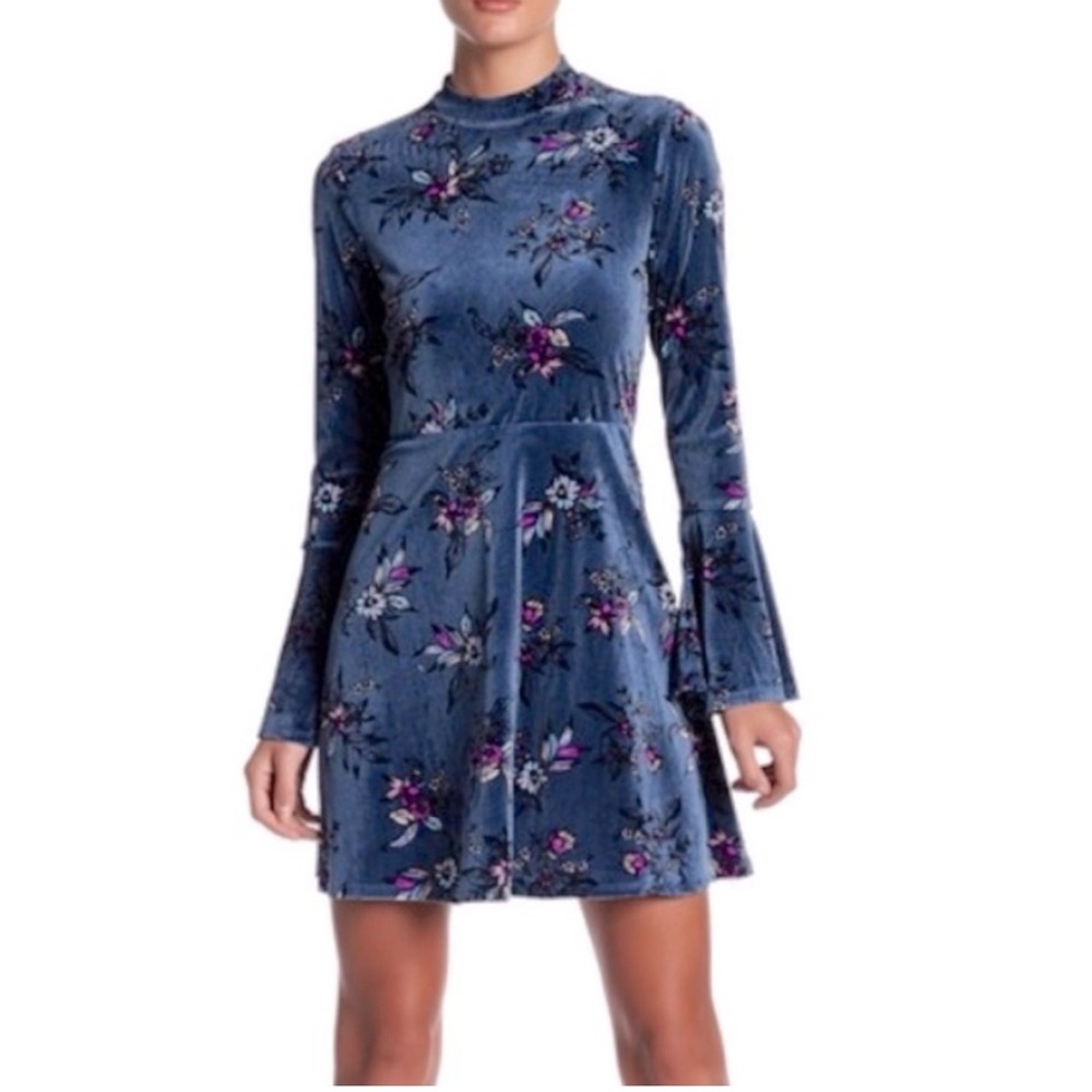 As U Wish Floral Velvet Long Sleeve Dress in Blue and Purple